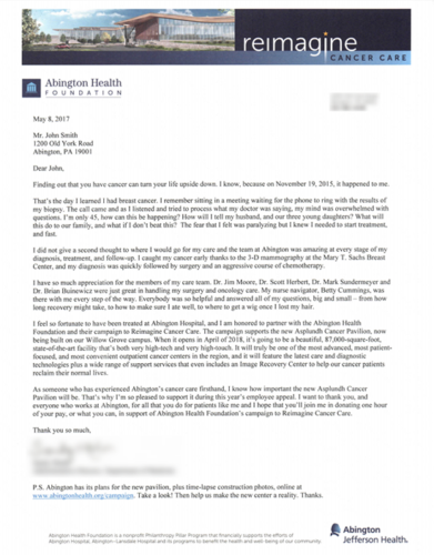 Scanned thank-you letter from a cancer care foundation