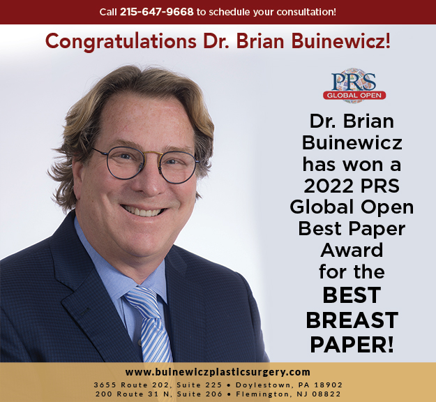Congratulatory graphic for Dr. Brian Buinewicz winning a 2022 PRS Global Open Best Paper award