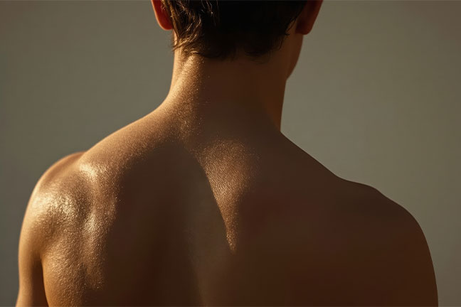 Back and shoulders of a man in warm lighting