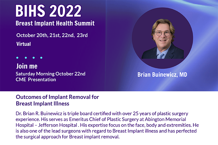 Event graphic for Dr. Brian Buinewicz's Breast Implant Health Summit 2022 presentation