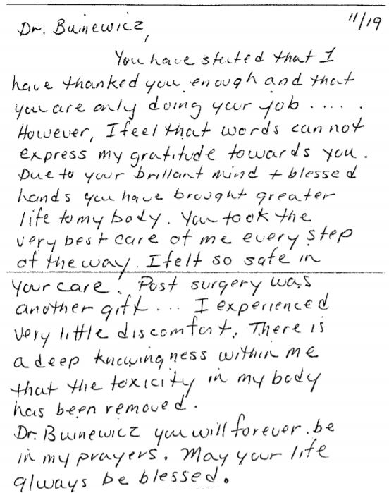 Handwritten patient thank-you note to Dr. Buinewicz