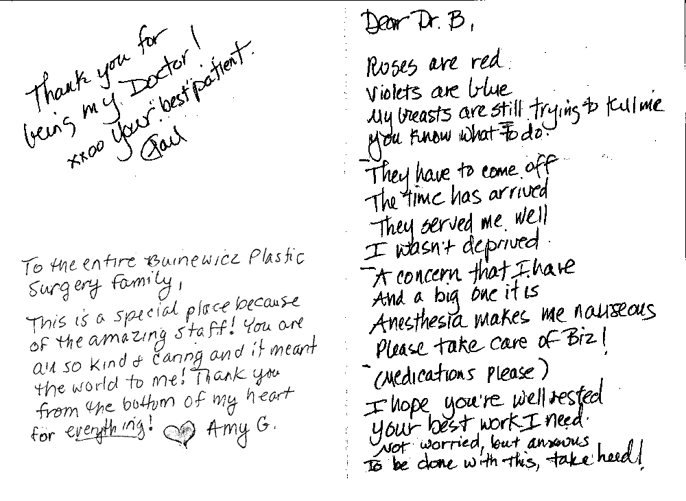 Handwritten patient thank-you notes and a poem to Dr. Buinewicz